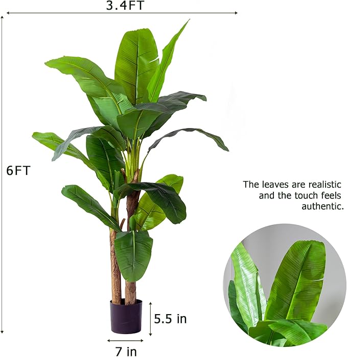 6FT Artificial Banana Tree Tall Fake Banana Leaf Plant Faux Banana Silk Tree Faux Banana Leaves for Home Swimming Pool Indoor Outdoor Patio Tropical Decor