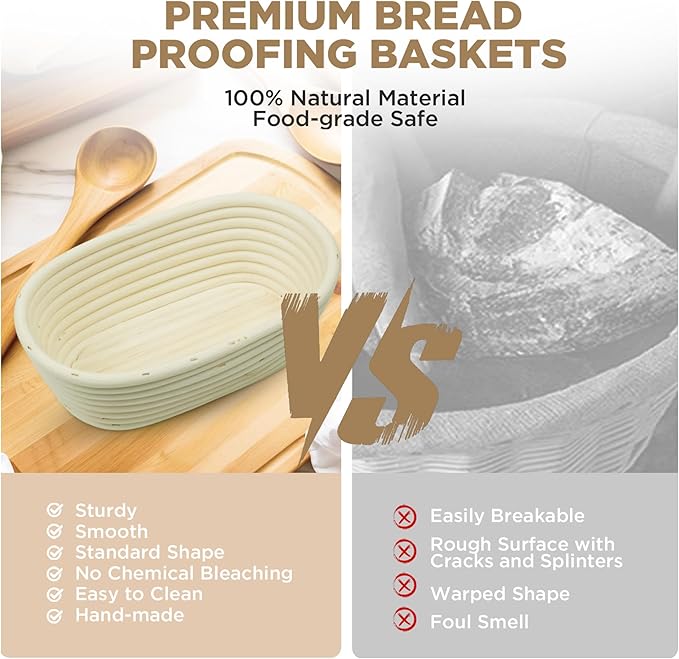 Banneton Proofing Basket Set Sourdough Starter Kit, 10" Oval Bread Dough Proofing Basket, Artisan Style Sourdough Bakers Baking Supplies Handmade Rattan Bread Making Tool for Home
