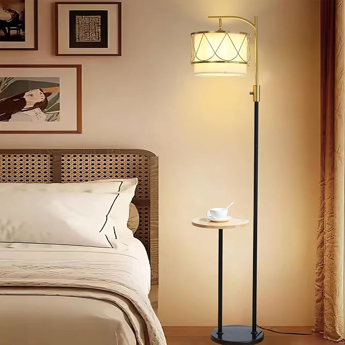 Dimmable Floor Lamp with Wooden Table and Marble Base, Boho Farmhouse Arc Standing lamp with Fabric & Metal Lampshades for Living Room Bedroom