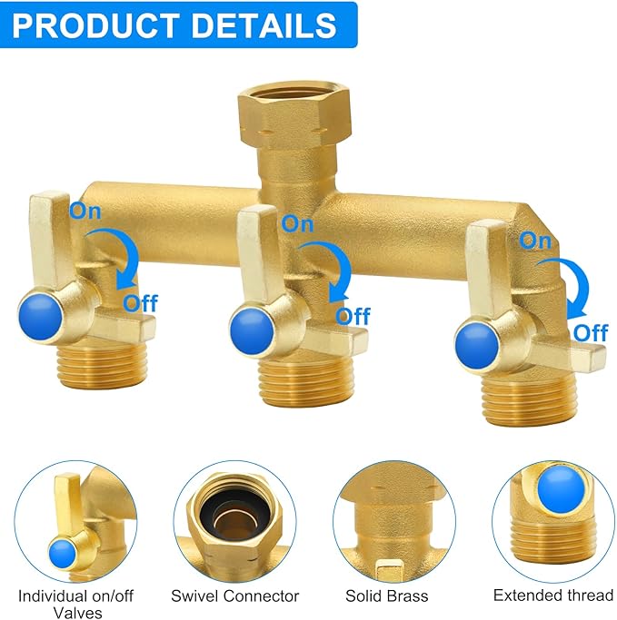 Garden Hose Splitter Full Flow, 3 Way Heavy Duty Outdoor Brass Hose Splitter with Metal Shutoff Valve and Long Handle Outdoor Faucet Diverter, 3/4" GHT Threads，Water Flow Increase