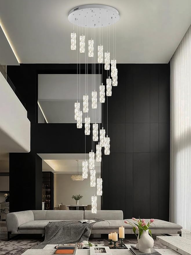 H150in High Ceiling Chandelier for Foyer Entrance 24-Light Crystal Silver Chandelier Light Fixture Large Ceiling Light for Living Room Staircase Hallway Dining Room