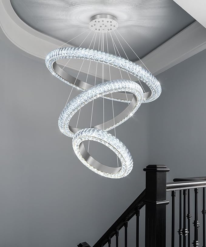 31.5" 3 Ring Crystal Chandelier Modern LED Dimmable Ring Pendant Light Round Chandelier for Dining Room Living Room Silver