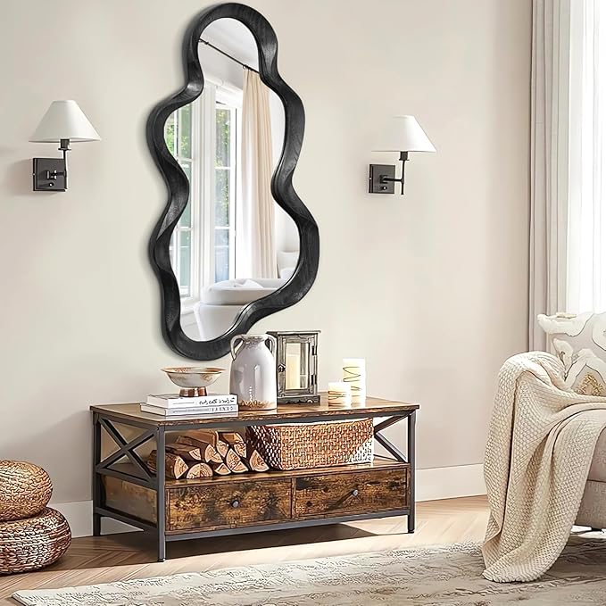 Irregular Wooden Framed Wall Mirror Modern Asymmetrical Cloud Hanging Mirror Artistic Mirror Decor Bathroom Vanity Bedroom Living Room Entryway Hallway Large 120x55cm Black