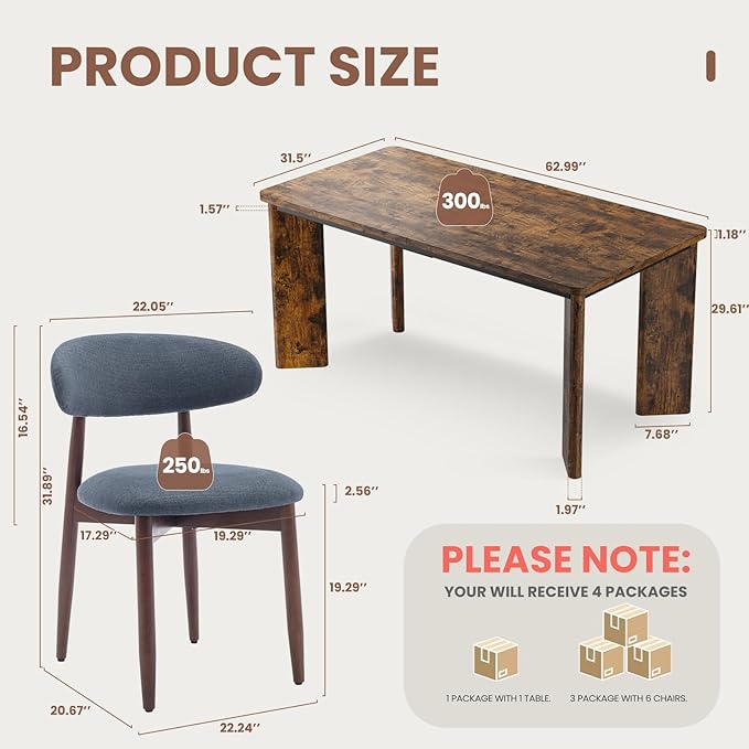 7-Piece Rectangular Dining Table Set for 6, 63" Industrial Kitchen Table with 6 Wooden Upholstered Dinner Chairs for Dining Room, Kitchen, Living Room, Brown+Blue