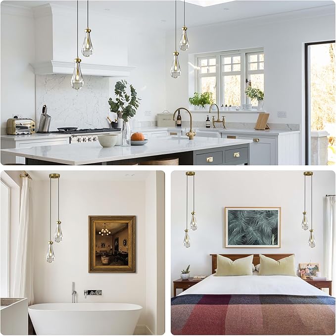 Modern Raindrop Pendant Lights, Brass Cluster 2-Light Pendant Lights Kitchen Island, Gold Bedside Pendant Lighting, Adjustable Suspension Cord for Dining Room,Bathroom,Bedroom,Bulb Included