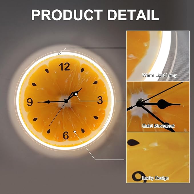 jXIN 12 Inch Orange - Shaped Fun Clock, 2-in-1 LED Silent Clock and Warm White Night Light, Creative Decorative for Cozy Atmosphere Children's Room