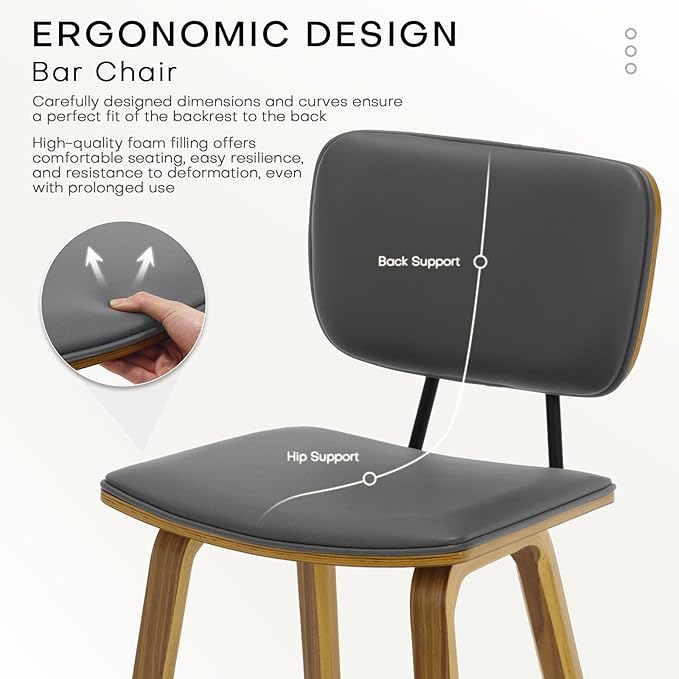 Counter Height Bar Stools Set of 3, PU Leather Upholstered Barstools with Backs, Bent Wood Legs, 26 Inch Seat Height, Mid Century Modern Counter Stools for Kitchen Island, Grey