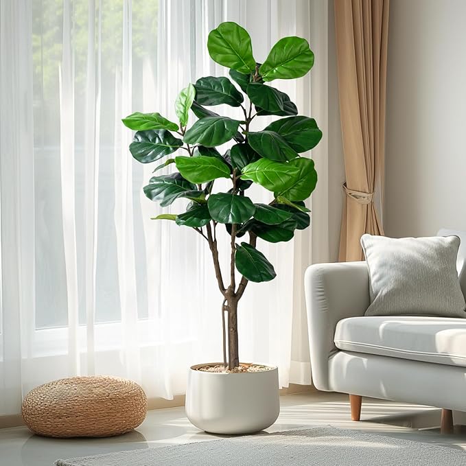 Artificial Fiddle Leaf Tree-5ft Faux Plant Fake Ficus Lyrata Tree Artificial Fig Silk Trees with Pot Floor Plants for Home Living Room Decor Indoor