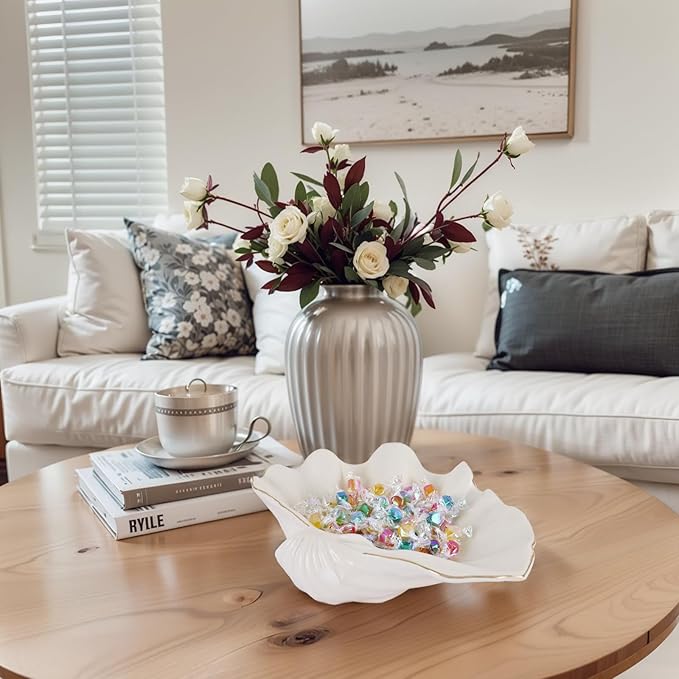 White Large Shell Bowl Decorative – 11" Ceramic Clam Shell Dish for Home Decor, Coastal Large Sea Shell Bowl for Bathroom Vanity, Entryway, or Dresser, Jewelry Holder, Key Tray, Fruit Bowl