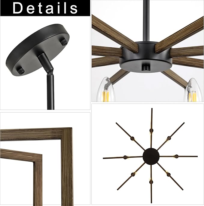 8-Light Metal Geometric Chandelier，Large Kitchen Pendant Lighting Over Island，Farmhouse Dining Room Light Fixture，Wood Grain Finish and Black Modern Chandelier