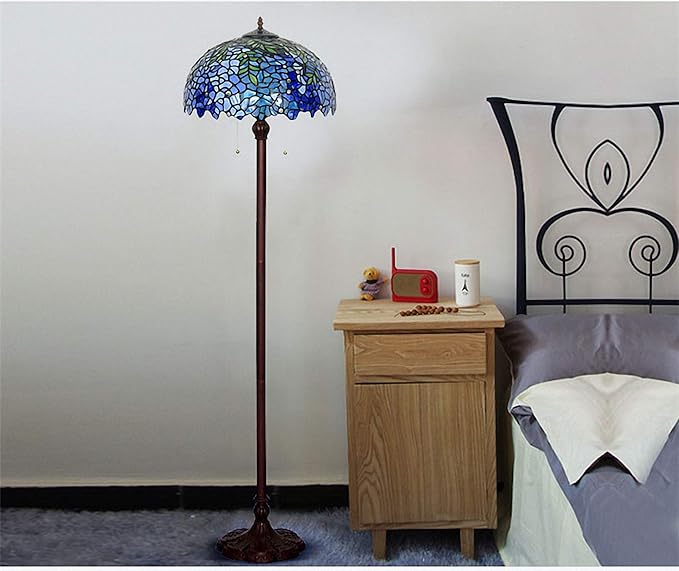 Floor Lamp, Tiffany Style Stained Glass Purple Wisteria Hanging Lamp with Handmade Lampshade, Suitable for Decorating Room (Purple, 16in)