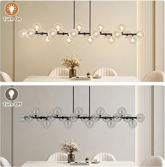 Modern Linear Chandeliers for Dining Room 70 Inhch Sputnik Linear Chandelier Clear Striped Glass Globe Pendant Light for Kitchen Island, Farmhouse, Living Room, Dia 70 Inch