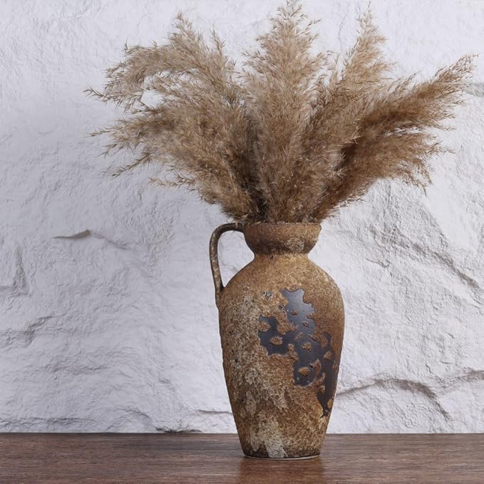 Wabi Sabi Decor Vintage Terracotta Vase with Handles, Rustic Ceramic Farmhouse Vase for Home Decor, Large Antique Vases, Ideal for Centerpieces, Tall Rustic Vases for Dried Flowers, Clay Home Decor