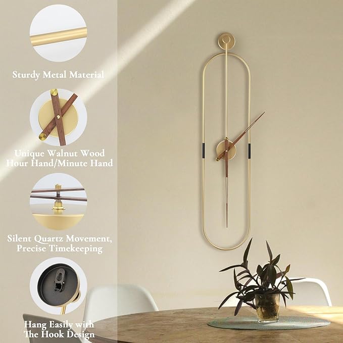 Modern Oval Wall Clock Large Wall Clock with Walnut Pointers for Living Room Home Decor Bedroom Kitchen Office (Oval Gold, Large)