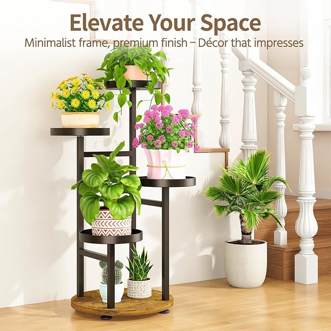 LASZOLA Black 4 Tier Tall Metal Plant Stand Indoor for Large Planter, Heavy Duty Wrought Iron Vertical Big Flower Rack, Sturdy Spiral Multiple High Organizer for Modern Patio House Bathroom Corner