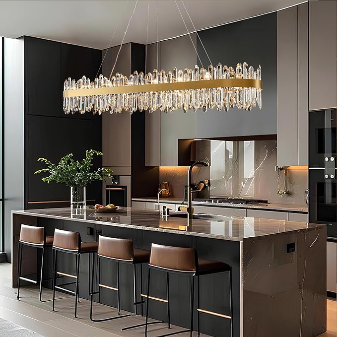 Modern Crystal Chandelier, L57'' Rectangle Gold Raindrop Chandelier Luxury Oval Pendant Ceiling Light Fixture for Living Room Dining Room Kitchen Island, G9 x 32 Lights