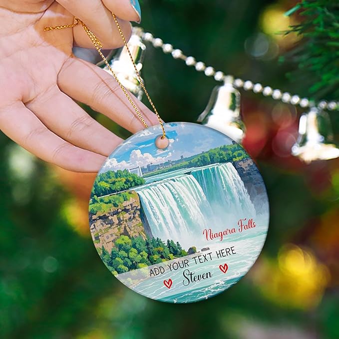 Personalized Niagara Falls Ceramic Christmas Tree Decorations Ornament 2025, USA Canada City Travel Souvenir Xmas Ornaments, Customized Text/Name Niagara Falls New York Ornament Gifts for Men Women