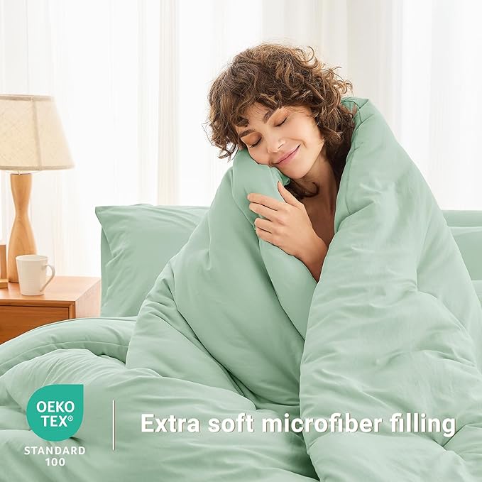 MUXHOMO 5 Pieces Twin Comforter Set, Soft Bed in a Bag Twin Size, All Season Bedding Set with Comforter, Flat Sheet, Fitted Sheet, Pillowcases & Shams, Sage Green