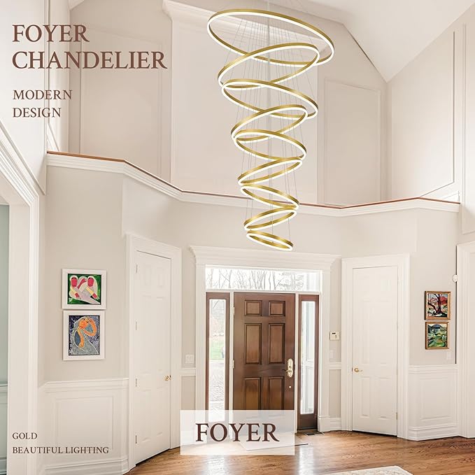 9-Rings D39.4’’ Modern LED Chandelier Gold Dimmable Foyer Chandeliers Entryway High Ceiling Chandelier with Remote Control for Staircase Entryway Living Room Foyer, 3000K-6500K