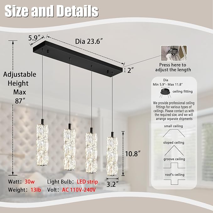 Dining Room Light Fixture 4-Light Black Kitchen Island Lighting Industrial Linear Chandeliers for Dining Room Pendant Light Fixture for Living Room Hallway Bedroom 2700K-6000K