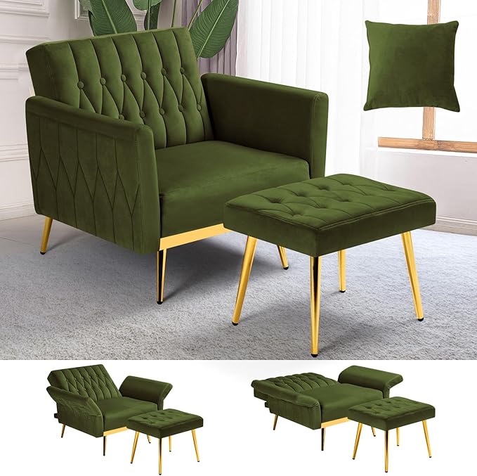 Velvet Accent Chair w/Adjustable Armrests and Backrest, Button Tufted Lounge Chair, Single Recliner Armchair with Ottoman and a Pillow for Living Room, Bedroom,Olive Green