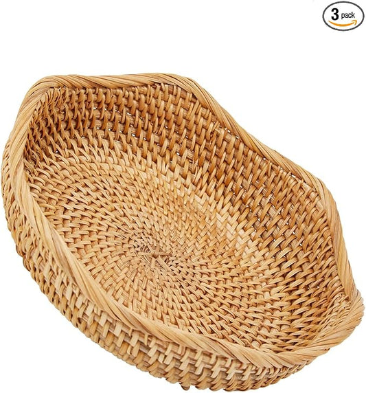 Natural Rattan Round Fruit Basket Bowls, Hand Woven Decor Serving Baskets, Wicker Storage for Dinning Room (Wave-Small)