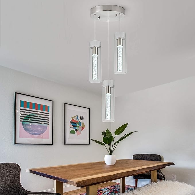 Kitchen Lighting Pendant Fixtures 3-Light LED Pendant Ceiling Fixture Brushed Nickel Bubble Cylinder Pendant Light with Adjustable Length for Kitchen Island Dinning Room Bedroom