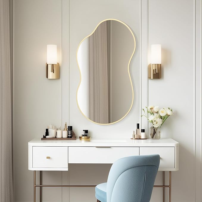 WallBeyond Gold Irregular Wall Mirror, Modern Asymmetrical Mirror Aluminum Frame for Bedroom, Bathroom, Living Room, and Entryway 36" H x 20" W (Gold)