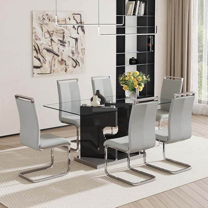 Glass Dining Room Table Set for 6,Dining Table Set for 6 with PU Leather Chairs,Retangular Dining Table with MDF Table Legs and Sliver Base for Dining Room
