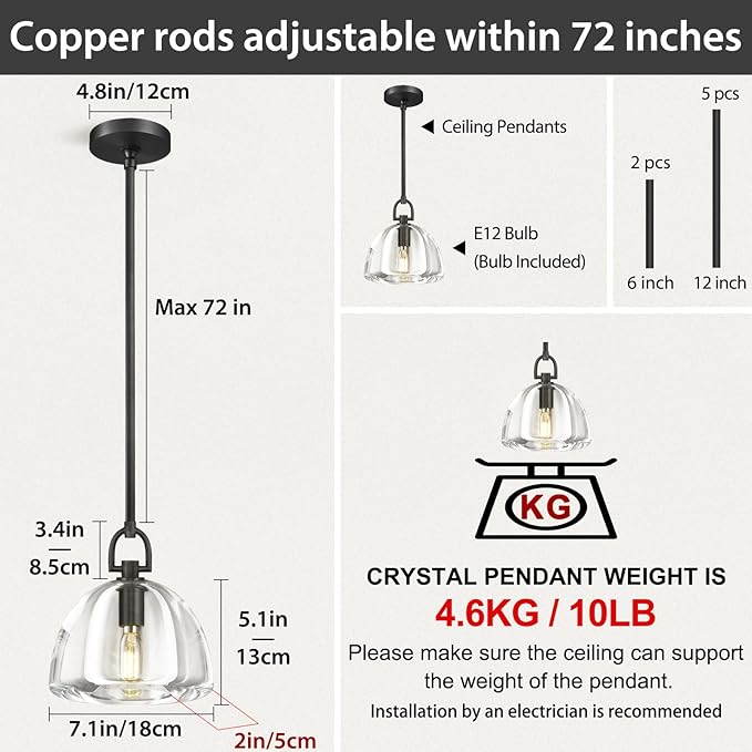 Botanist Crystal Dome Black Pendant Light,7" Crystal Modern Black Pendant Lights Kitchen Island, Hanging Crystals Dome Pendant, Farmhouse Kitchen Pendant Lighting Over Island,E12 Bulb Included