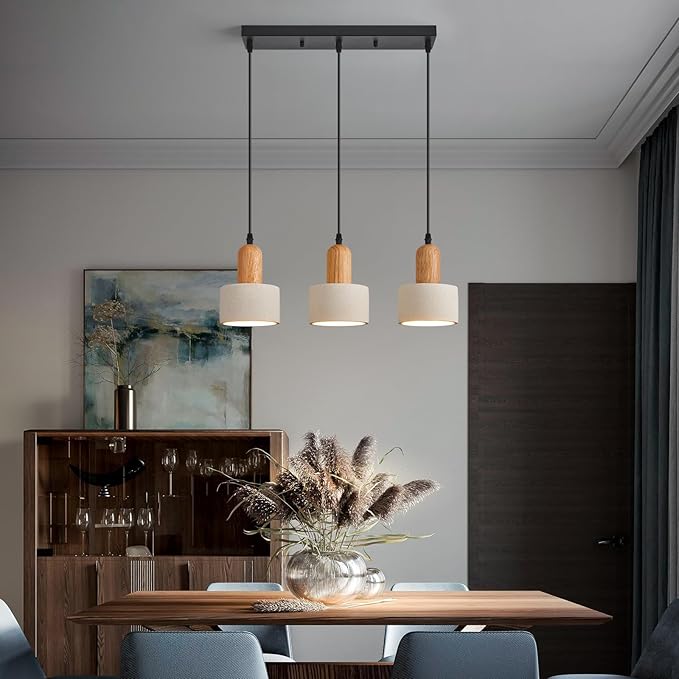 Modern Cement Pendant Lights White Chandelier Wooden Ceiling Lamps for Kitchen Island Bedroom Dining Room Living Room bar（3-Light）