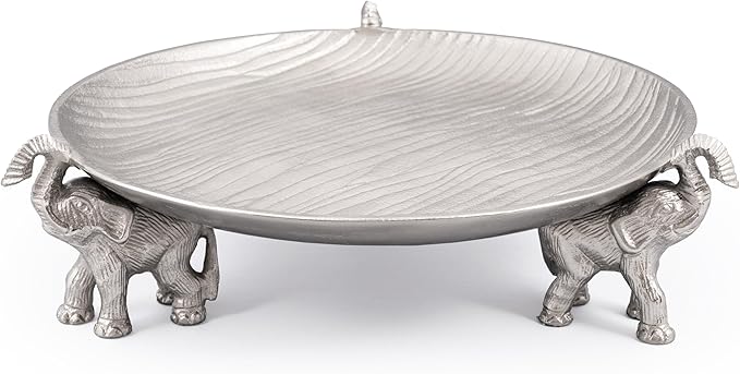 Round Decorative Tray with Elephant Stands, Silvery – Tray for Coffee Table, Home Decor, Centerpiece, Serving Platter & More – Circular Tray with Symbolic Elephants
