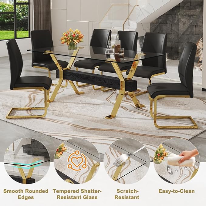 71'' Modern Dining Table Set for 6,7 Piece Glass Dining Table Set with Open‑Frame X‑Shaped Golden Metal Base,Gold Kitchen Table and Chairs Ideal for Dining Room&Home Office