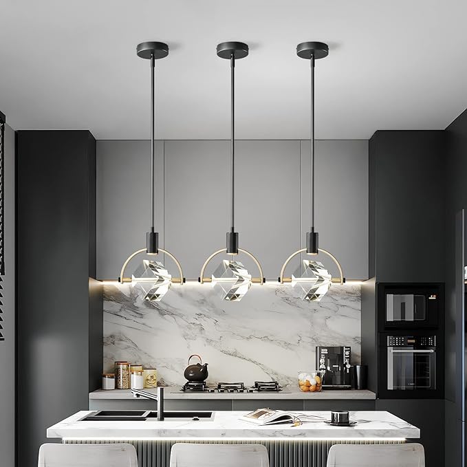 Pendant Ceiling Light Fixture for Kitchen Island, Dimmable Modern Integrated LED Hanging Light, Crystal Pendant Light in Black Gold Finish, Bedroom, Dining Room (1-Lights)