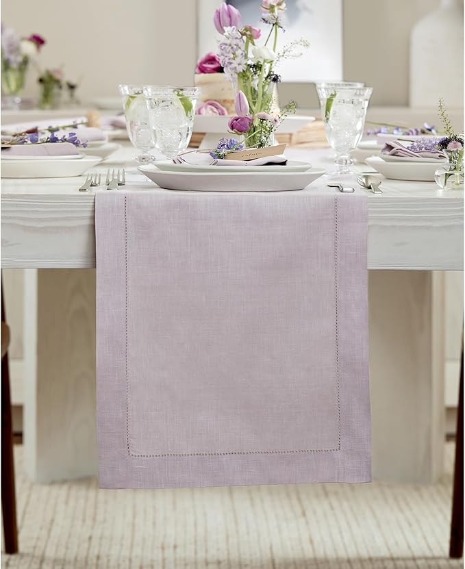 Solino Home Linen Lilac Table Runner 156 Inches Long - 100% Pure Linen Extra Long Table Runner 14 x 156 Inch for Fall, Autumn, Thanksgiving, Christmas - Classic Hemstitch