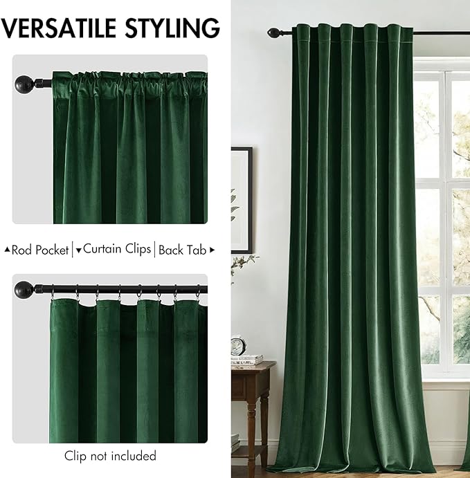 MIULEE Velvet Curtains 90 inches - Luxury Christmas Blackout Curtains for Bedroom Living Room Thermal Insulated Super Soft Window Drapes Rod Pocket & Back Tab, Hunter Green, W52 x L90 inches, 2 Panels