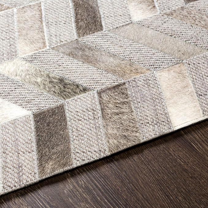 Geometric Pattern Area Rug, Leather and Wool Blend Carpet, Beige and White (Natural Multi Grey-117, 9x15)