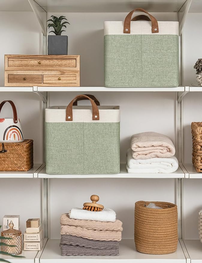 StorageWorks Storage Bins, Fabric Storage Bins for Shelves, Large Storage Baskets with Metal Frame, Closet Baskets and Bins with Handles, Green and White, 2-Pack