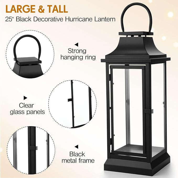 Nuogo 25 Inch Large Metal Lanterns with Glass Panels Black Hanging Vintage for Table Porch Home Party Decor Gift Indoor Outdoor, Candle Not Includes