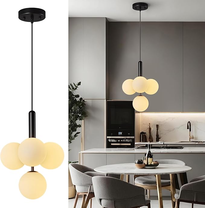 4 Light Globe Chandelier Mid Century Pendant Light with Milky White Glass Shade Modern Black Sputnik Chandeliers for Dining Room Living Room Bedroom Kitchen Island