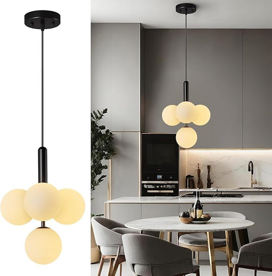 4 Light Globe Chandelier Mid Century Pendant Light with Milky White Glass Shade Modern Black Sputnik Chandeliers for Dining Room Living Room Bedroom Kitchen Island