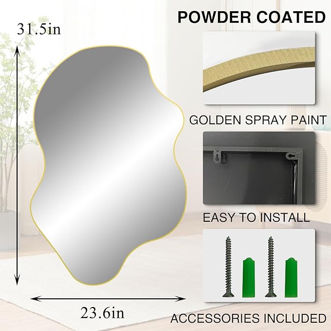 Gold Irregular Mirror, Asymmetrical Wall Mirrors, 31.5"x23.6" Waved Shaped Mirror, Modern Frameless Decorative Mirrors for Living Room Bathroom Bedroom Hallway Entryway Fireplace