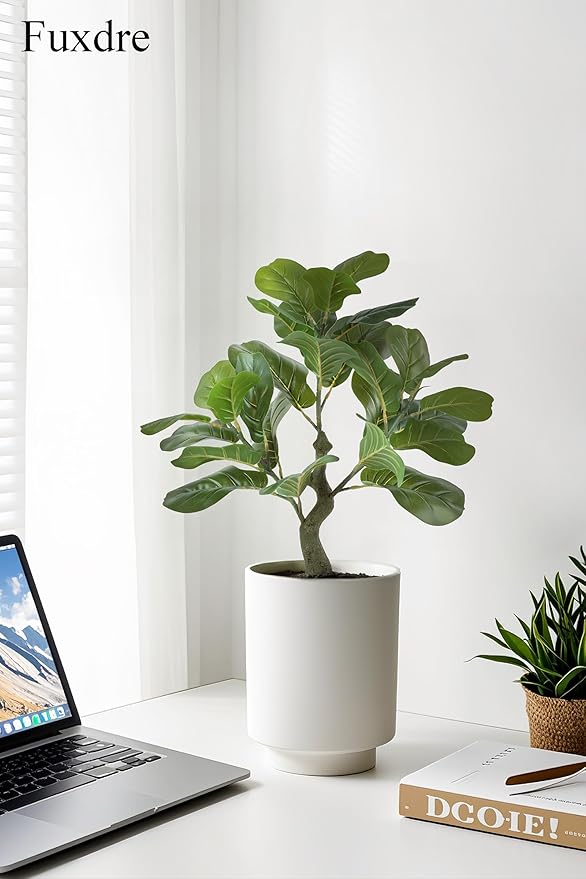 Artificial Fiddle Leaf Fig Tree 23.5 inch, Ficus Tree Artificial with 27 Leaves in Pot for Home Office Decor, Fake Silk Trees Greenery for Indoor House Living Room Store Floor Decoration