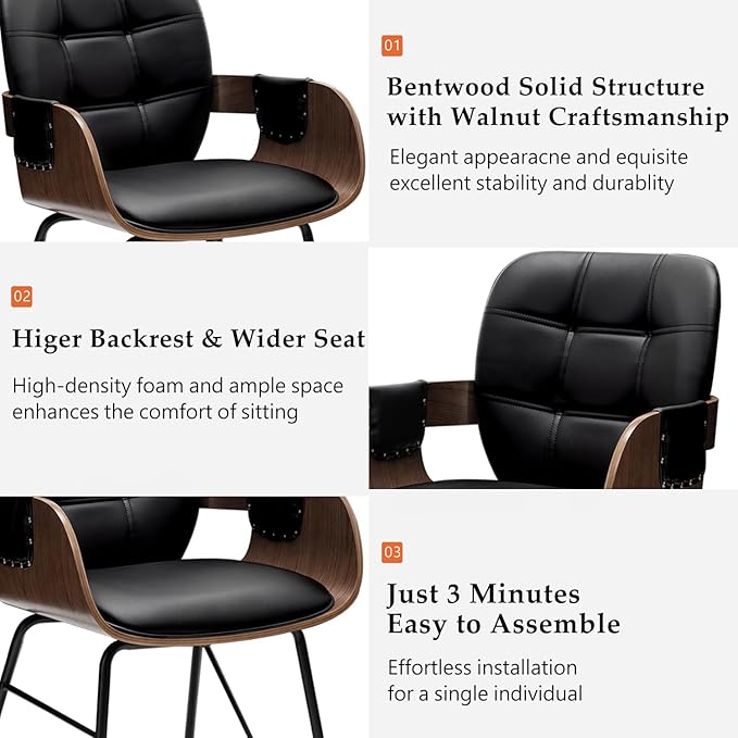 Set of 2 Kitchen & Dining Room Chairs - Mid Century Modern Chairs with Upholstered Seat, Cushion Arm, High Back, Metal Legs Walnut Dining Chairs for Kitchen/Living Room (Modern Black)