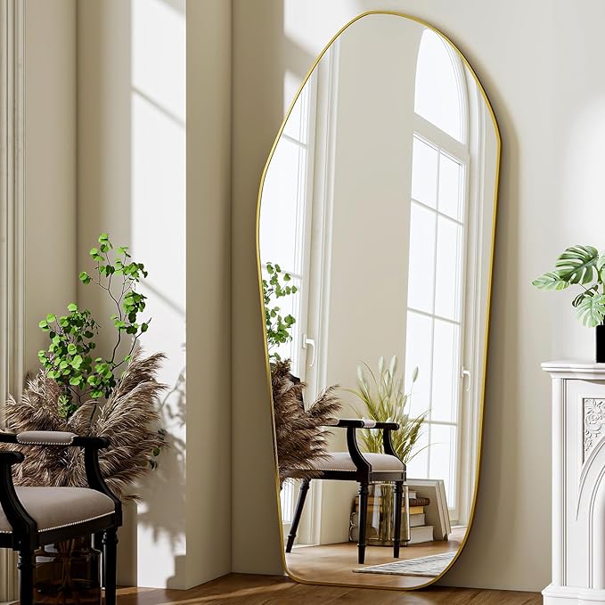 BEAUTYPEAK Full Length Dress Mirror - Floor Mirror 76"x34" Irregular Diamond Shape Aluminum Frame, Standing or Hanging Mirror for Bedroom Living Room Entryway, Gold