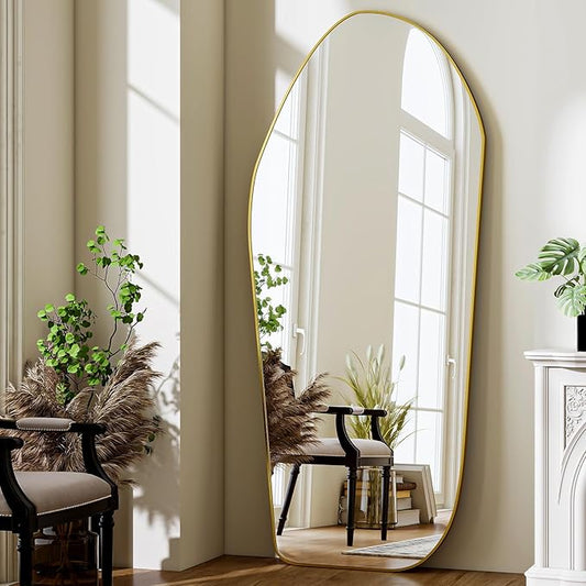 BEAUTYPEAK Full Length Dress Mirror - Floor Mirror 76"x34" Irregular Diamond Shape Aluminum Frame, Standing or Hanging Mirror for Bedroom Living Room Entryway, Gold
