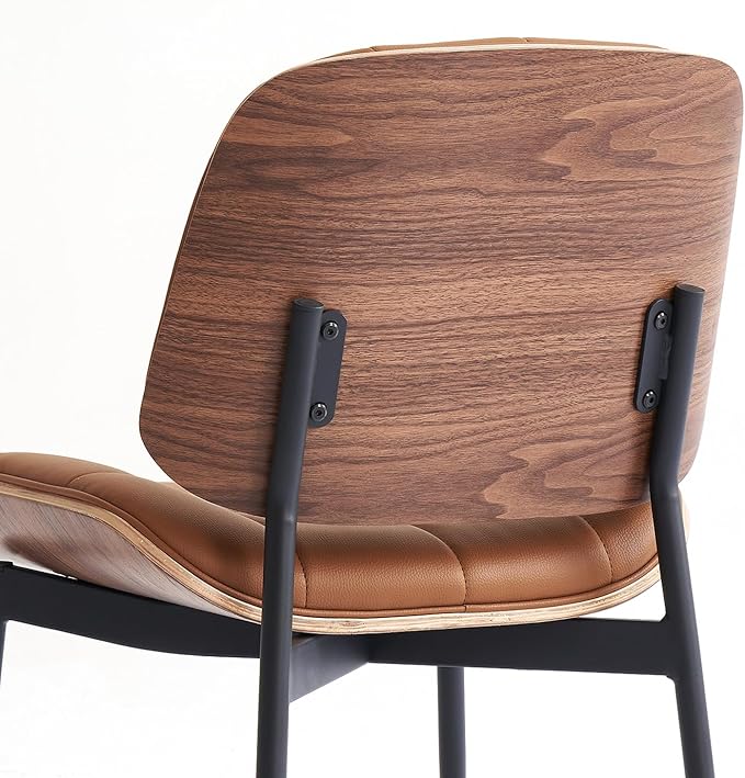 Mid Century Modern Dining Chairs with Walnut Grain Back, Brown Faux Leather Dining Room Chairs Set of 2, Checkered Soft Cushion Kitchen Chairs with Adjustable Foot Pads