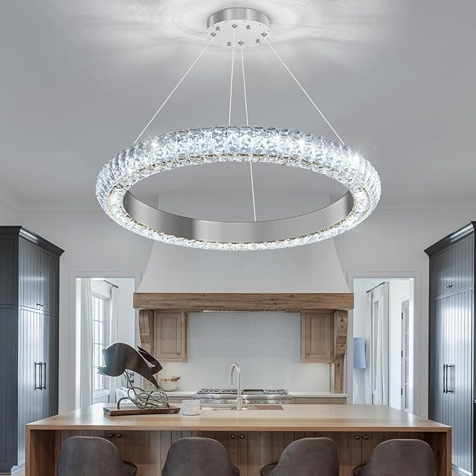 24" Ring Modern LED Dimmable Crystal Chandelier Adjustable Height Pendant Light Round Crystal Chandelier Light Fixtures for Dining Room Living Room Kitchen Island Silver
