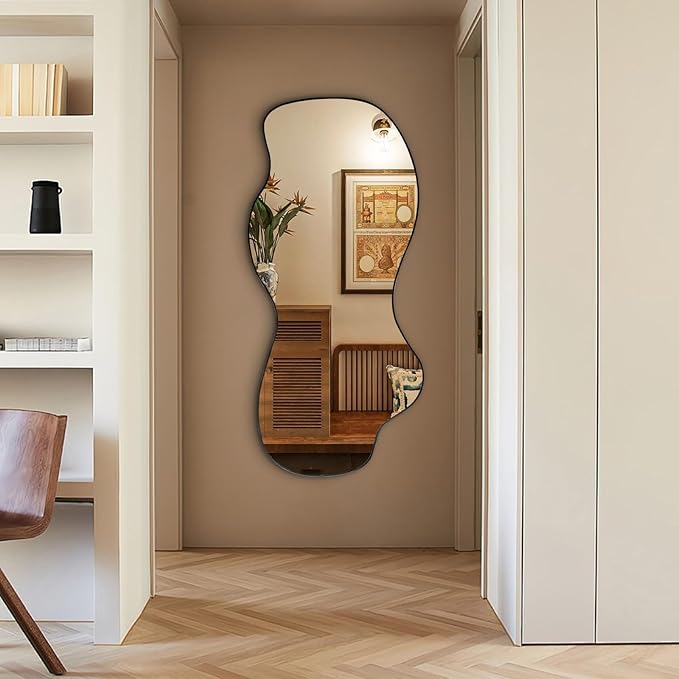 POZINO Large Irregular Mirror, Asymmetrical Full Length Mirror, 55"x25.5" Wavy Shaped Mirrors, Modern Frameless Decorative Mirrors for Dressing Living Room Bathroom Bedroom Hallway Entryway