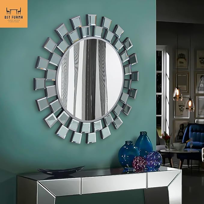 BST FURNH Sunburst Wall Mirror, 24 Inches Decorative Round Frameless Mirror for Living Room